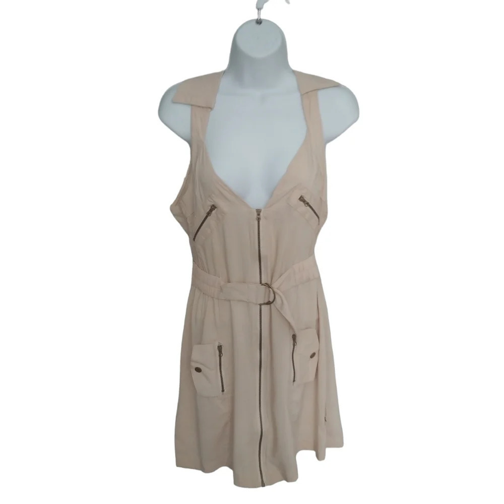 Chelsey Cargo Style Dress  with Pockets Zippers Khaki M